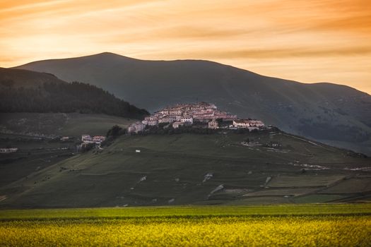 Castelluccio di Norcia at sunset, Umbria, Italy