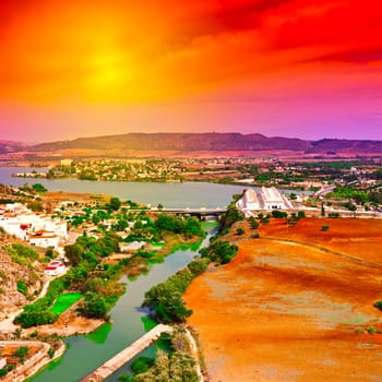 Bird’s Eye View from the White City of Arcos in Spain at Sunset, Instagram Effect