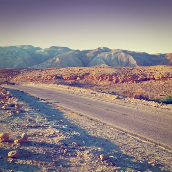 Meandering Road in Sand Hills of Judean Mountains, Sunset, Instagram Effect