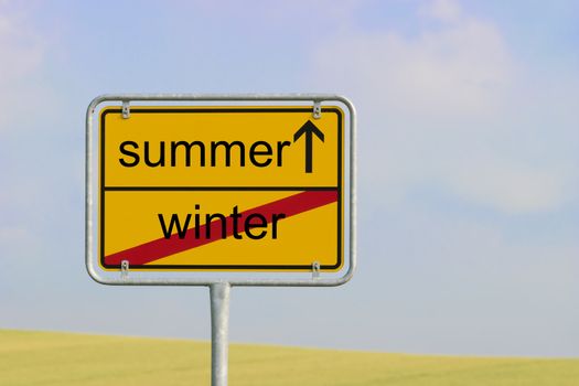Yellow town sign with text "winter summer"