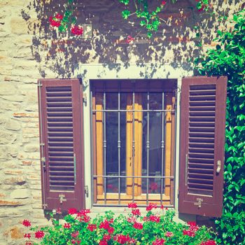 Italian Window with Open Wooden Shutters, Decorated With Fresh Flowers, Instagram Effect