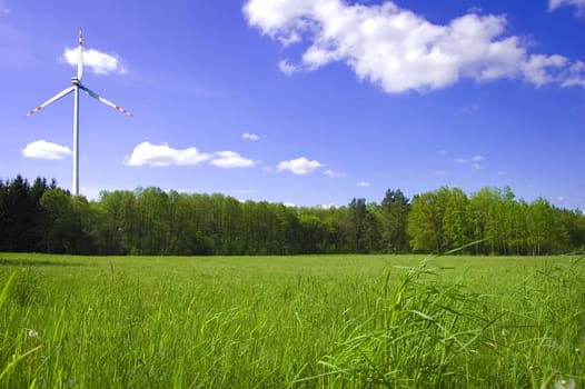 Forest and windmill conceptual image. Picture windmill and green forest in summer.