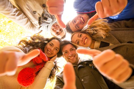 love, friendship, gesture, season and people concept - group of smiling men and women showing thums up in autumn park