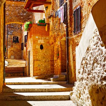 Drying Clothes in the Courtyard of Italian House in Tuscany, Instagram Effect