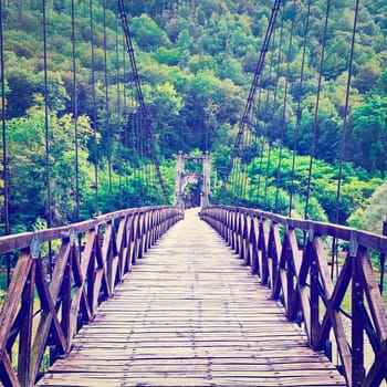 Cable-Stayed Bridge across Mountain Stream in the Italian Alps, Instagram Effect