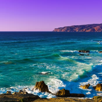 Rocky Coast of Atlantic Ocean in Portugal at Sunset, Instagram Effect