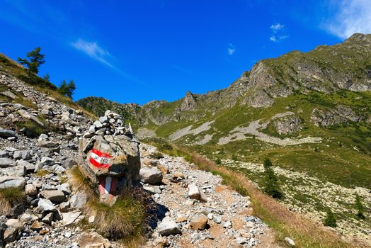 Mountain trail to Passo di Campo in the National Park of Adamello Brenta. Trentino Alto Adige and Lombardia, Italy