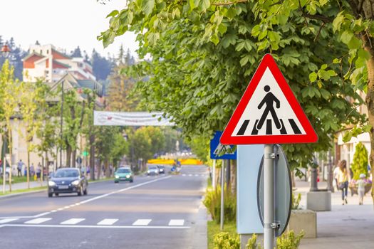 Zebra crossing, pedestrian cross warning traffic sign