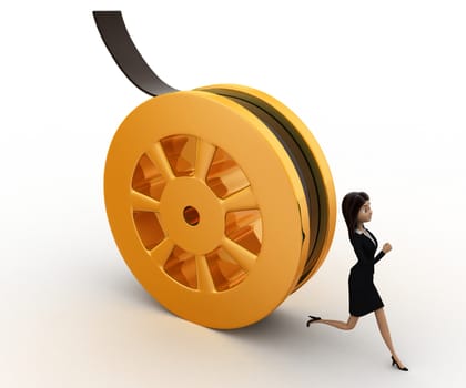 3d woman running from rolling film roll after her concept on white background, side  angle view