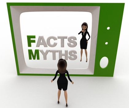 3d woman watching fact and myths on tv concept on white background, front angle view