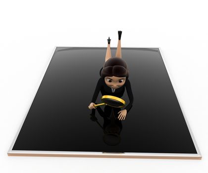 3d woman searching in tablet with glass concept on white background, front angle view