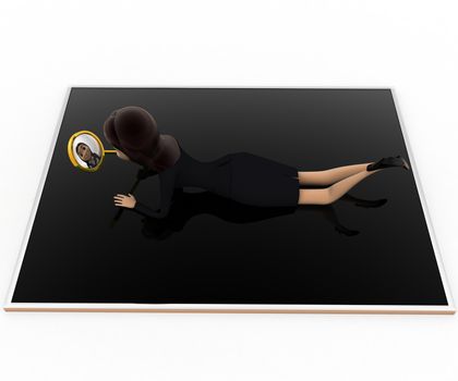 3d woman searching in tablet with glass concept on white background,  top  angle view