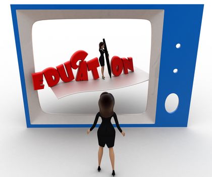 3d woman watching educational program on tv concept on white background,  top  angle view
