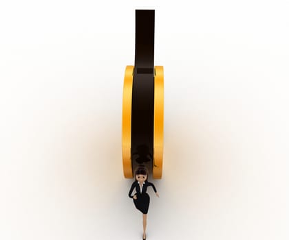 3d woman running from rolling film roll after her concept on white background,  top  angle view