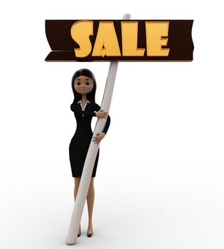3d woman holding banner of sale concept on white background, front angle view