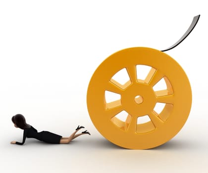 3d woman about to crush by rolling film reel concept on white background,  side angle view