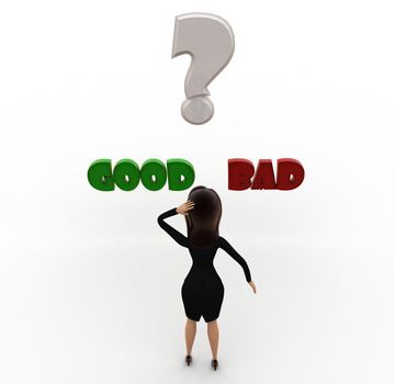 3d woman confused between good and bad concept on white background, front angle view