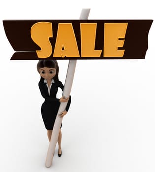 3d woman holding banner of sale concept on white background,  top  angle view