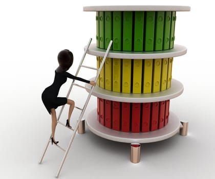 3d woman climb ladder to top files concept on white background, side  angle view