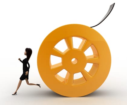 3d woman running from rolling film roll after her concept on white background, front angle view