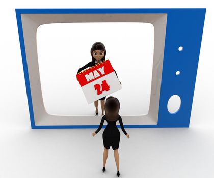 3d woman watching woman with calender on tv concept on white background,  top  angle view