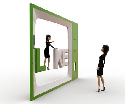 3d woman watching like on tv concept on white background,  side angle view