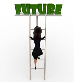 3d woman climb up ladder to future concept on white background, front angle view