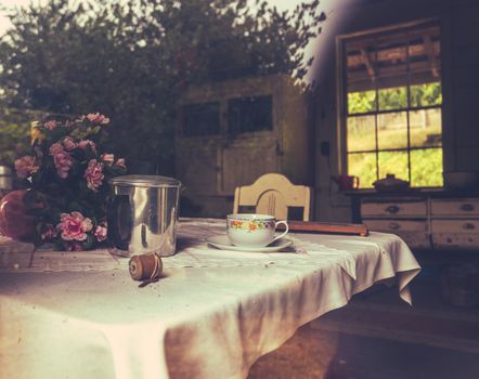 Rustic Farmhouse Kitchen Through Window (With Reflection)