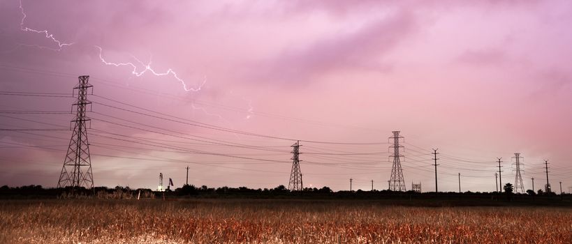 Lightning Strkes over a power lines in southeast Texas