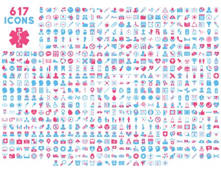 Medical icon collection related to service, health care, pharmacy business, drugstore, science. Glyph style is bicolor flat, pink and blue symbols, rounded angles, white background.