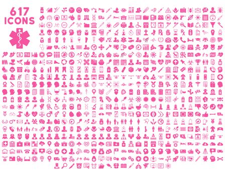 Medical icon collection related to service, health care, pharmacy business, drugstore, science. Glyph style is flat, pink symbols, rounded angles, white background.