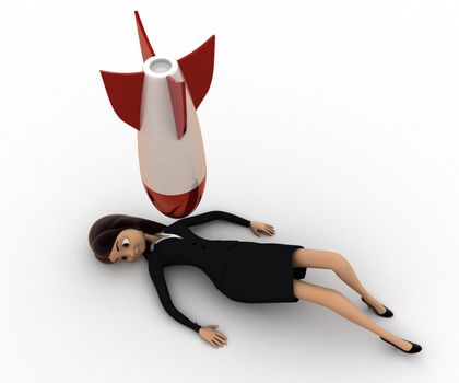 3d woman lying and rocket falling on her concept on white background,  top  angle view