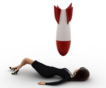 3d woman lying and rocket falling on her concept on white background,  side angle view
