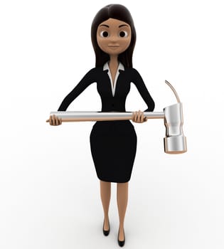 3d woman holding hammer in hands concept on white background, front angle view