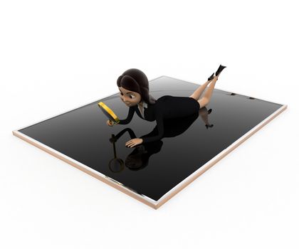 3d woman searching in tablet with glass concept on white background,  side angle view