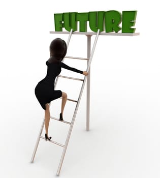 3d woman climb up ladder to future concept on white background,  side angle view