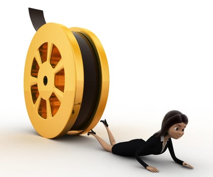 3d woman about to crush by rolling film reel concept on white background,  side angle view