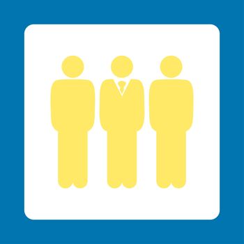 Management icon. This flat rounded square button uses yellow and white colors and isolated on a blue background.