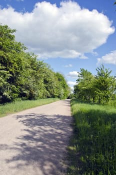 rural summer road with shadows and clouds