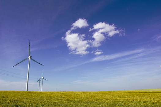 Windmill conceptual image. Windmills on the green field.