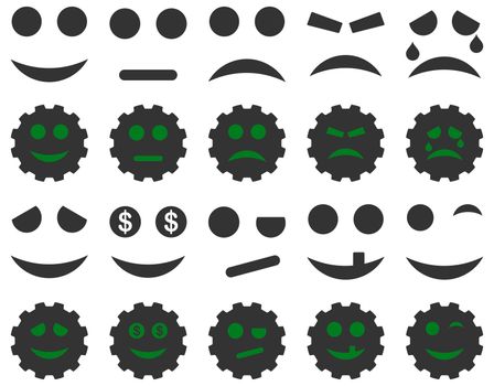 Tools, gears, smiles, emoticons icons. Glyph set style is bicolor flat images, green and gray symbols, isolated on a white background.
