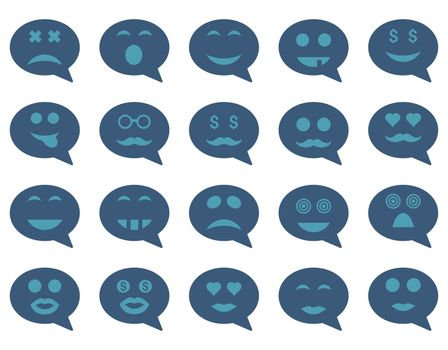 Chat emotion smile icons. Glyph set style is bicolor flat images, cyan and blue symbols, isolated on a white background.
