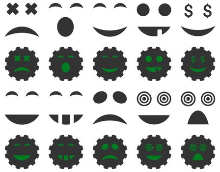 Tool, gear, smile, emotion icons. Glyph set style is bicolor flat images, green and gray symbols, isolated on a white background.