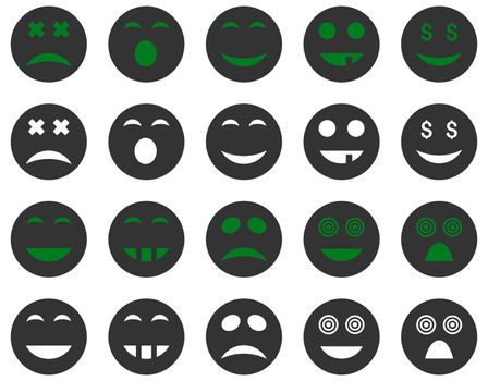 Smile and emotion icons. Glyph set style is bicolor flat images, green and gray symbols, isolated on a white background.