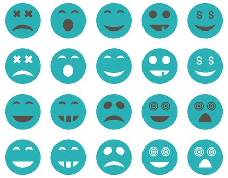 Smile and emotion icons. Glyph set style is bicolor flat images, grey and cyan symbols, isolated on a white background.