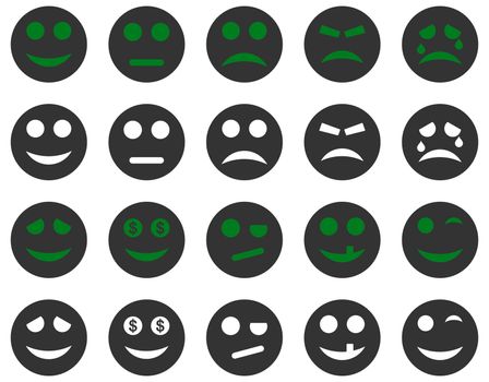 Smile and emotion icons. Glyph set style is bicolor flat images, green and gray symbols, isolated on a white background.