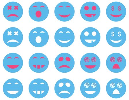 Smile and emotion icons. Glyph set style is bicolor flat images, pink and blue symbols, isolated on a white background.