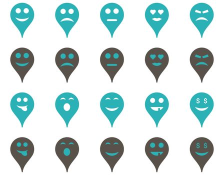 Emotion map marker icons. Glyph set style is bicolor flat images, grey and cyan symbols, isolated on a white background.