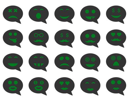 Chat emotion smile icons. Glyph set style is bicolor flat images, green and gray symbols, isolated on a white background.