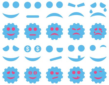 Tools, gears, smiles, emoticons icons. Glyph set style is bicolor flat images, pink and blue symbols, isolated on a white background.